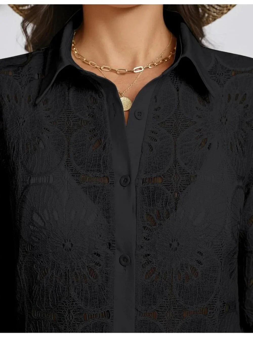 Women Black Cotton CoverUp Button Down Beach Shirt Long Sleeve Swimsuit CoverUp - Picture 4 of 5